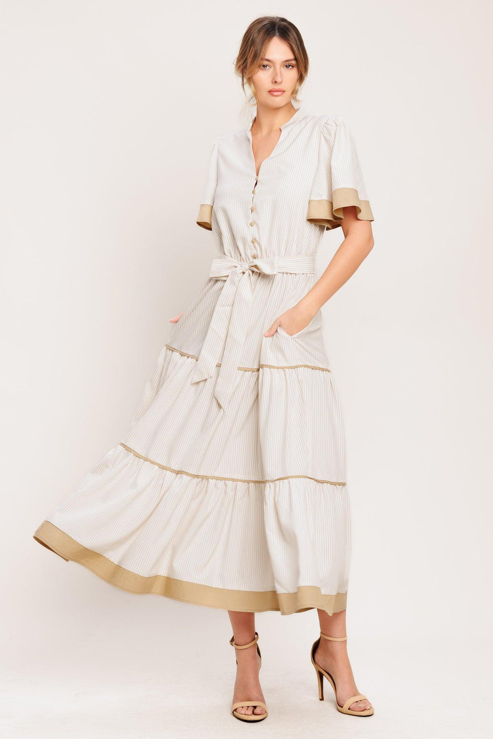 PARIS MORNING TAUPE WOVEN MIDI DRESS.