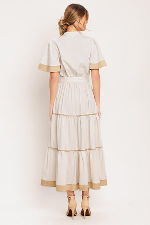 PARIS MORNING TAUPE WOVEN MIDI DRESS.