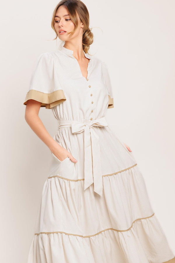 PARIS MORNING TAUPE WOVEN MIDI DRESS.