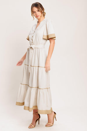 PARIS MORNING TAUPE WOVEN MIDI DRESS.