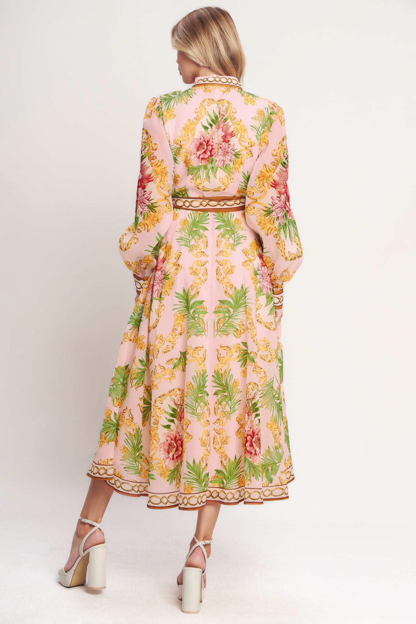 
A printed woven midi dress featuring collar, long sleeve, front button down, self sash and circle skirt

Details:

Self : 100% Polyester
Lining : 100% Polyester

Size &amp; Fit

- Model is 5`8" And Wearing Size Small
- Measurements Taken From Size Small
- Approx. Length: 51"