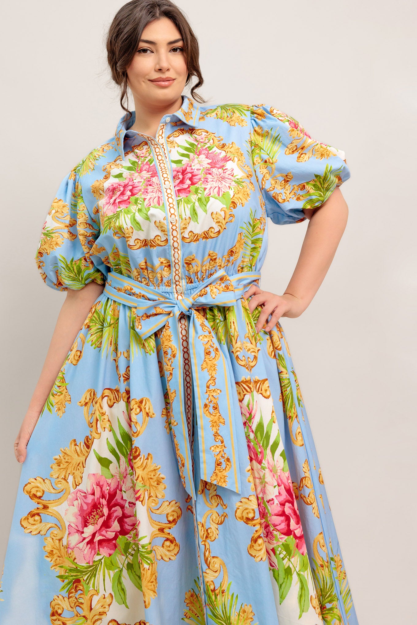 
A printed woven midi dress featuring collar, front button down, short puff sleeve, self sash tie and circle skirt

Details:

Self : 100% Cotton
Lining : 100% Polyester

Size &amp; Fit

- Model is 5`8" And Wearing Size Small
- Measurements Taken From Size Small
- Approx. Length: 51" Flying Tomato