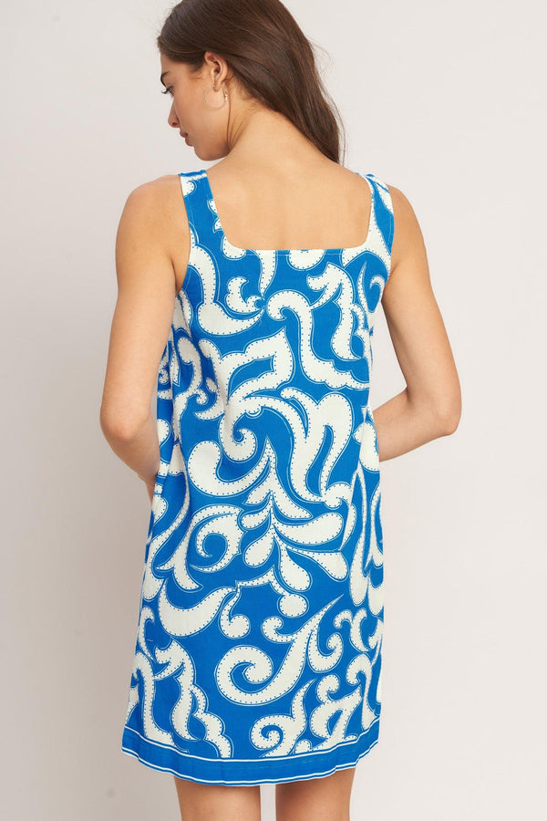 AZURE SWIRL WOVEN MINI DRESS.