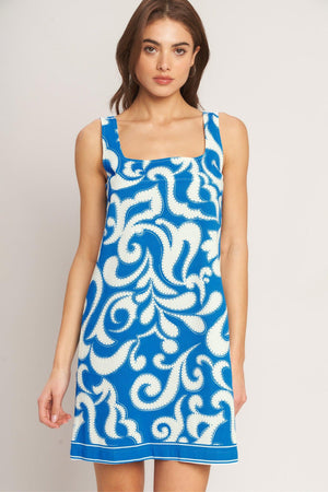 AZURE SWIRL WOVEN MINI DRESS.