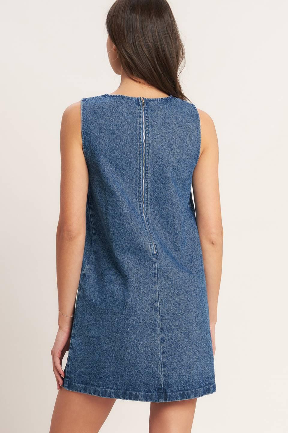ARTISAN-INSPIRED DENIM MINI SHIFT DRESS.