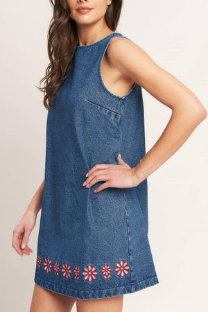 ARTISAN-INSPIRED DENIM MINI SHIFT DRESS.