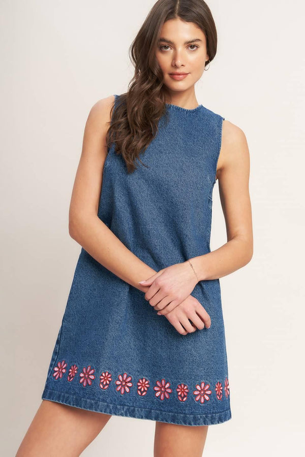 ARTISAN-INSPIRED DENIM MINI SHIFT DRESS.