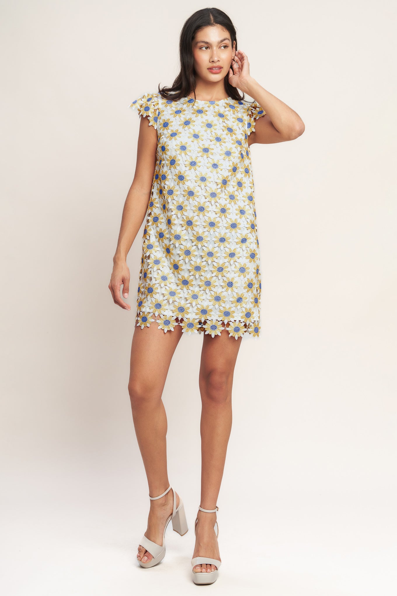 
A woven lace mini shift dress featuring round neckline, short sleeve and back neck button closure

Details:

Self : 100% Polyester
Lining : 100% Polyester

Size &amp; Fit

- Model is 5`8" And Wearing Size Small
- Measurements Taken From Size Small
- Approx. Length: 34" FLYING TOMATO