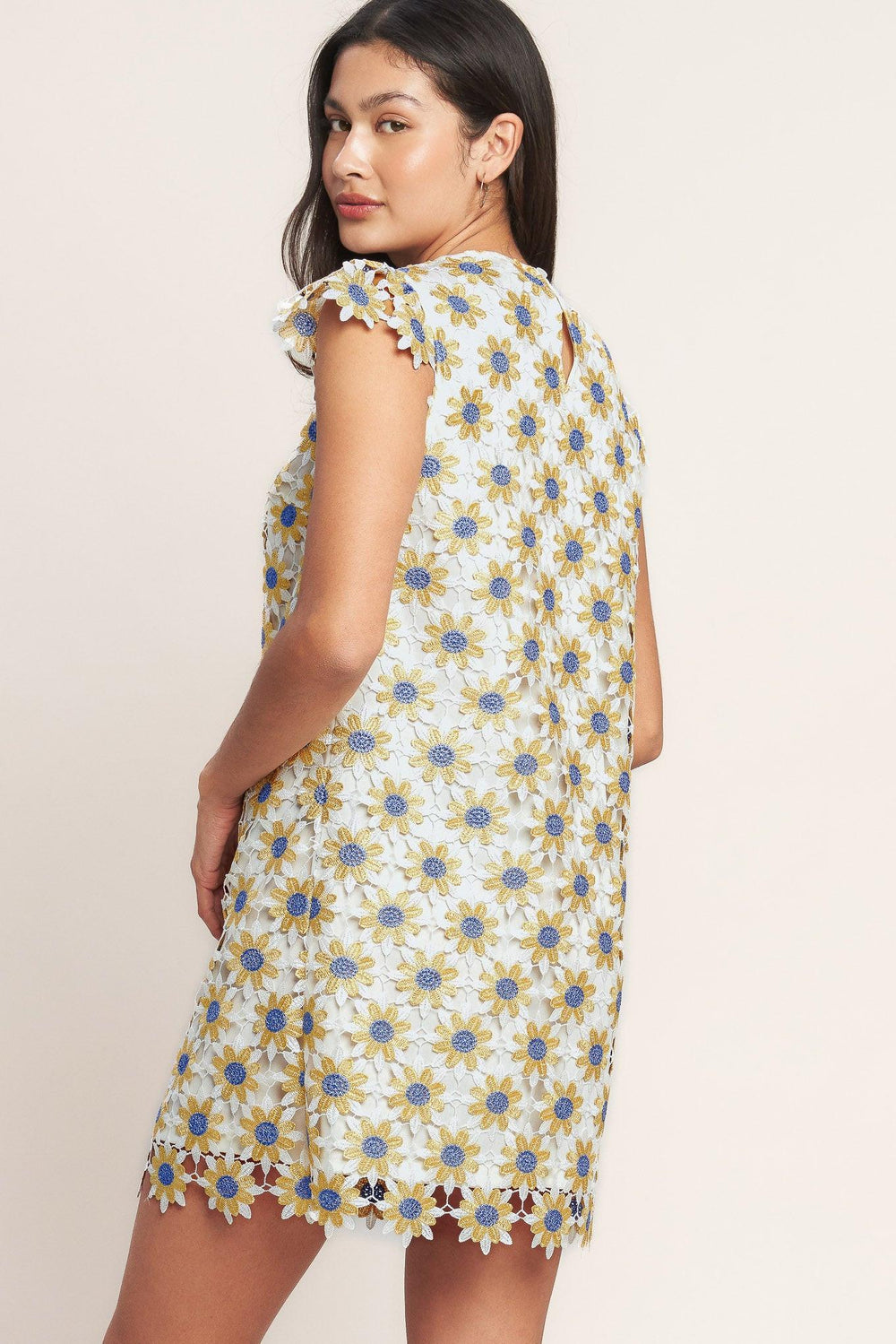 
A woven lace mini shift dress featuring round neckline, short sleeve and back neck button closure

Details:

Self : 100% Polyester
Lining : 100% Polyester

Size &amp; Fit

- Model is 5`8" And Wearing Size Small
- Measurements Taken From Size Small
- Approx. Length: 34" FLYING TOMATO