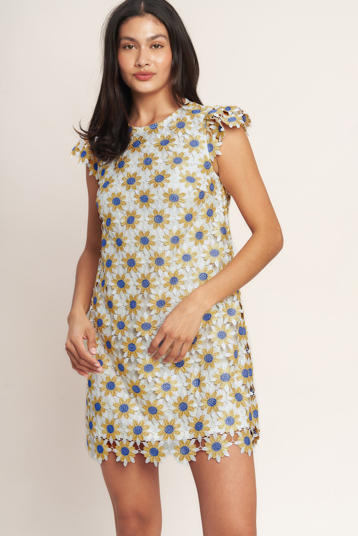 
A woven lace mini shift dress featuring round neckline, short sleeve and back neck button closure

Details:

Self : 100% Polyester
Lining : 100% Polyester

Size &amp; Fit

- Model is 5`8" And Wearing Size Small
- Measurements Taken From Size Small
- Approx. Length: 34" FLYING TOMATO