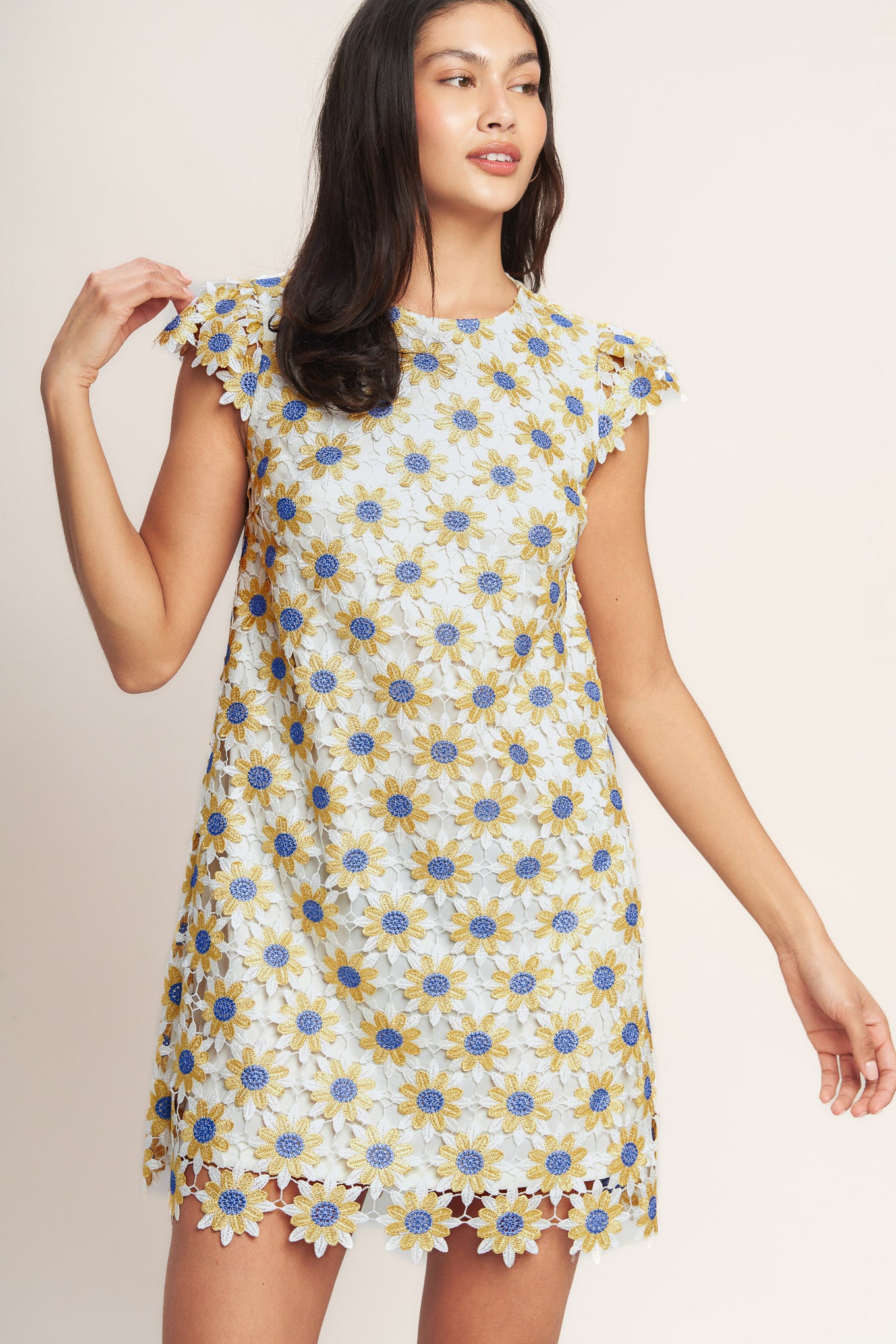 
A woven lace mini shift dress featuring round neckline, short sleeve and back neck button closure

Details:

Self : 100% Polyester
Lining : 100% Polyester

Size &amp; Fit

- Model is 5`8" And Wearing Size Small
- Measurements Taken From Size Small
- Approx. Length: 34" FLYING TOMATO