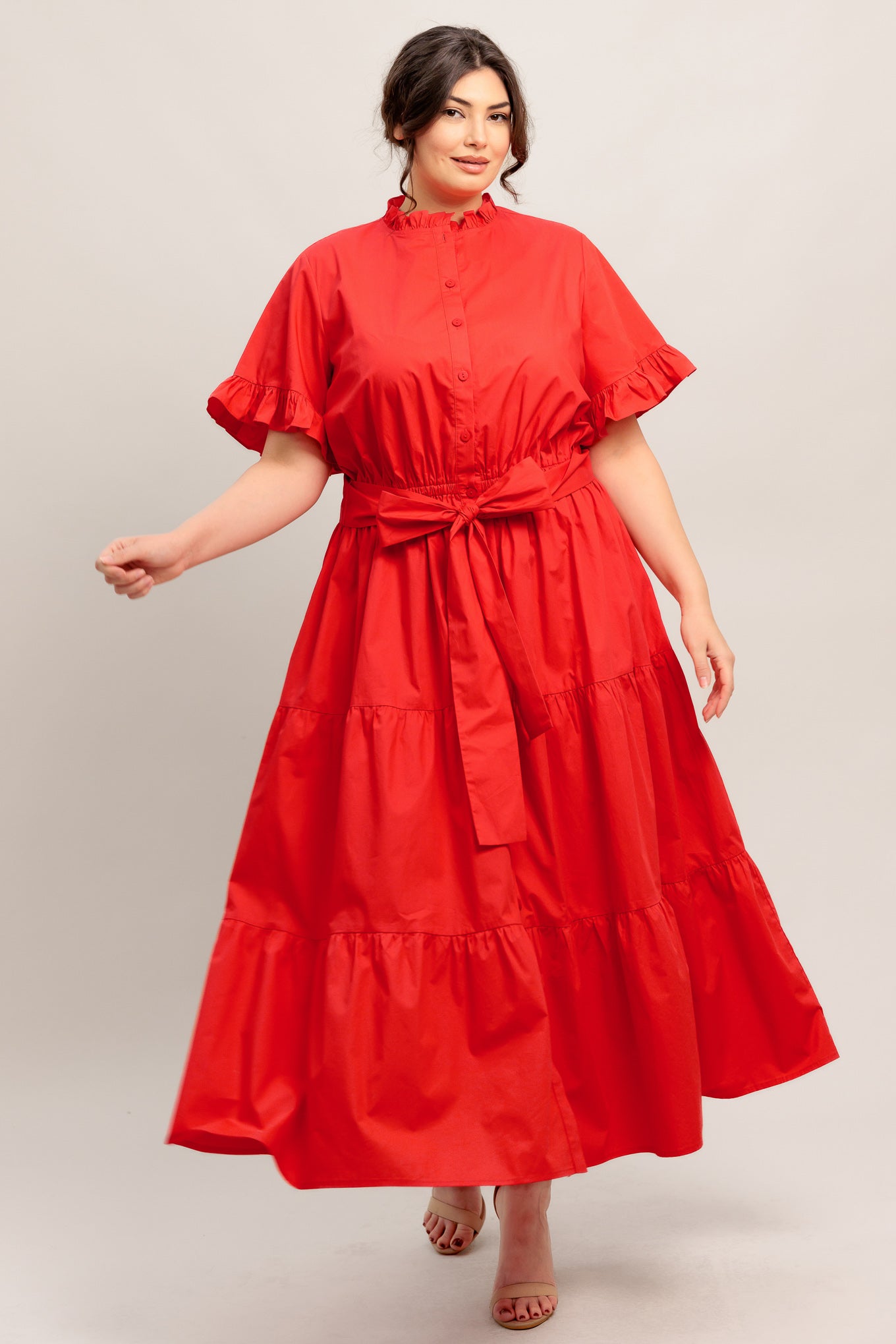 A solid woven midi dress featuring high ruffle neckline, short sleeve with ruffled edge, front button down, self sash tie and tiered skirt

Details:

Self : 100% Cotton
Lining : 100% Polyester

Size &amp; Fit

- Model is 5`8" And Wearing Size Small
- Measurements Taken From Size Small
- Approx. Length: 52" FYING TOMATO