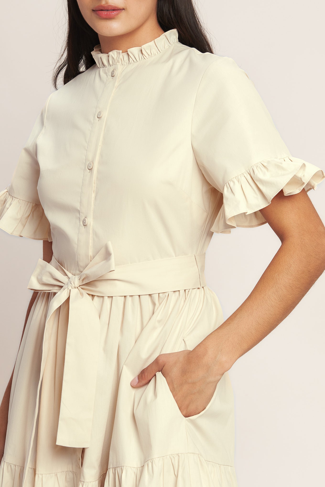 A solid woven midi dress featuring high ruffle neckline, short sleeve with ruffled edge, front button down, self sash tie and tiered skirt

Details:

Self : 100% Cotton
Lining : 100% Polyester

Size &amp; Fit

- Model is 5`8" And Wearing Size Small
- Measurements Taken From Size Small
- Approx. Length: 52" FYING TOMATO