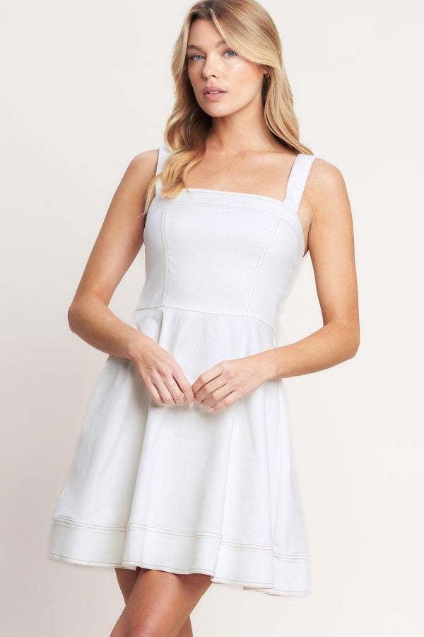 
A solid woven twill mini dress featuring straight neckline, straps, circle skirt and back zipper closure

Details:

Self : 97% Cotton 3% Spandex

Size &amp; Fit

- Model is 5`8" And Wearing Size Small
- Measurements Taken From Size Small
- Approx. Length: 34"