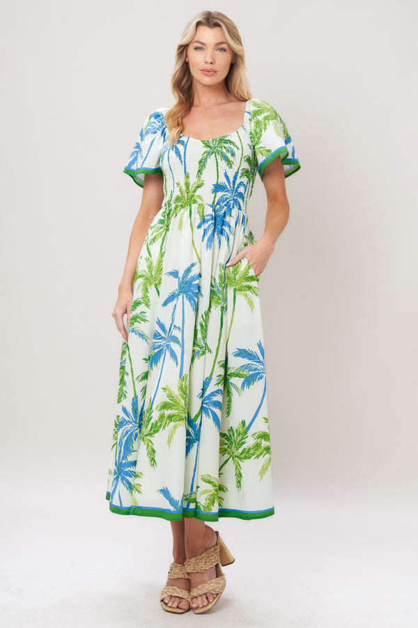 PALM ESCAPADE WOVEN MIDI DRESS.