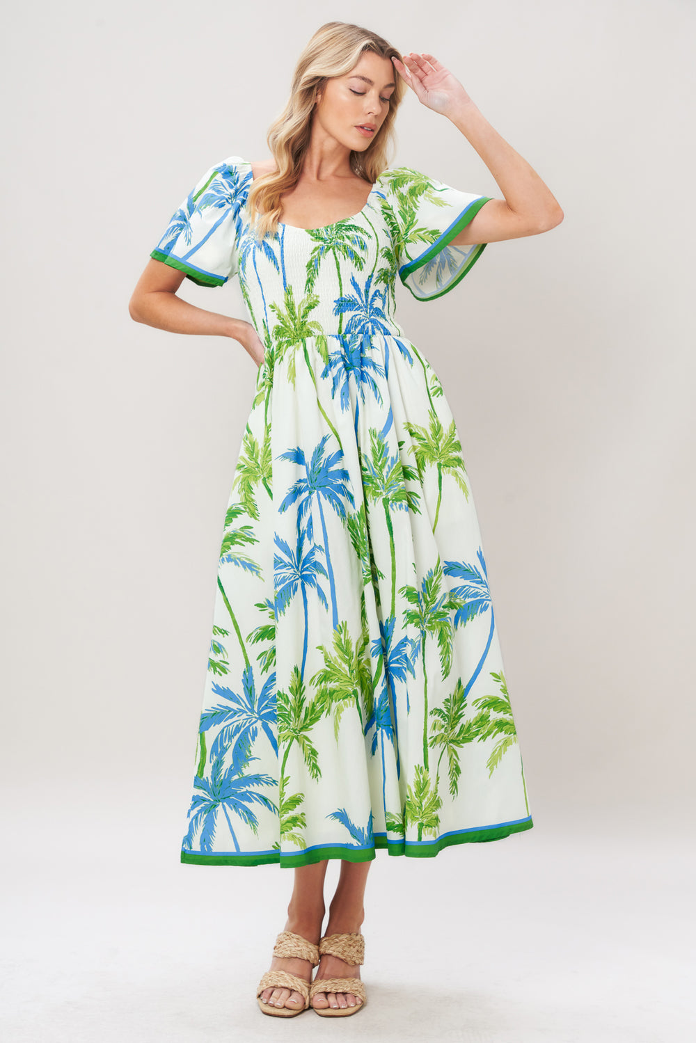PALM ESCAPADE WOVEN MIDI DRESS.