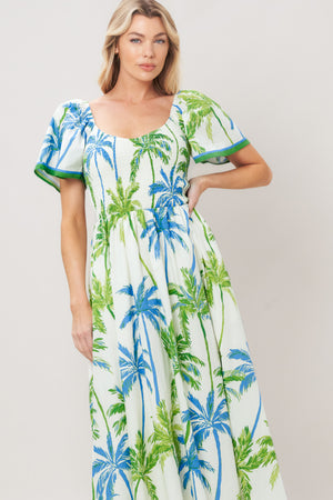 PALM ESCAPADE WOVEN MIDI DRESS.