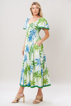 PALM ESCAPADE WOVEN MIDI DRESS.