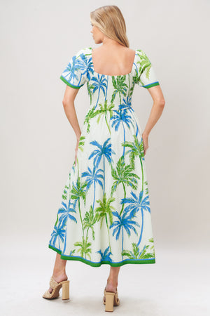 PALM ESCAPADE WOVEN MIDI DRESS.