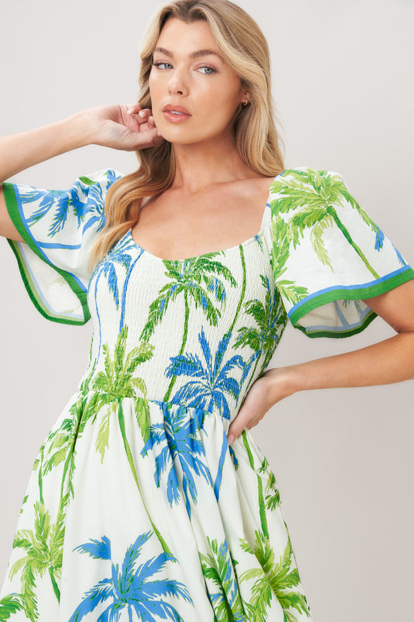 PALM ESCAPADE WOVEN MIDI DRESS.