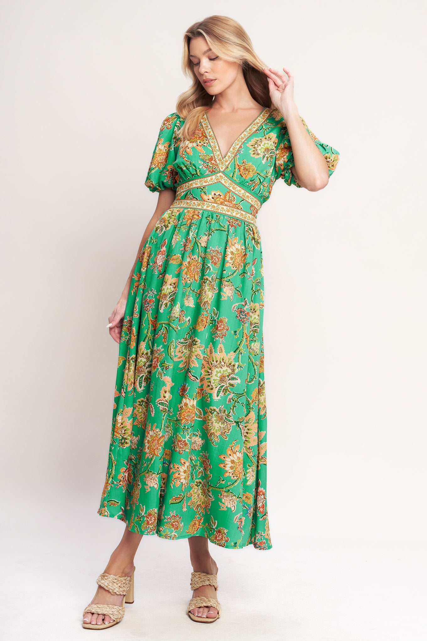 A printed woven midi dress featuring V neckline, short puff sleeve, waist yoke, full skirt and smocked back waistband

Details:

Self: 100% Polyester

Lining: 100% Polyester

Size & Fit

-Model is 5`8" And Wearing Size Small
-Measurements Taken From Size Small
-Approx. Length: 53"