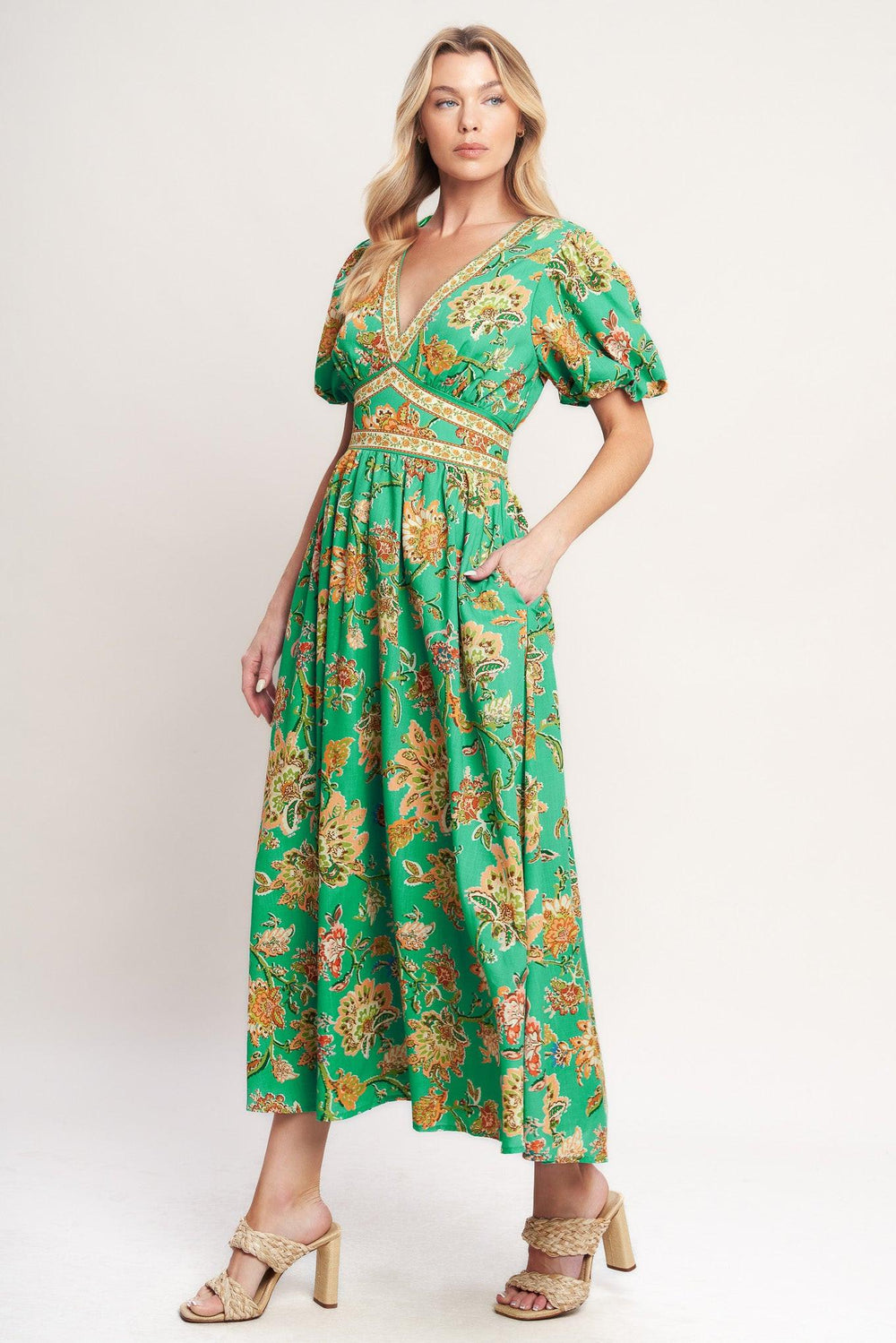 A printed woven midi dress featuring V neckline, short puff sleeve, waist yoke, full skirt and smocked back waistband

Details:

Self: 100% Polyester

Lining: 100% Polyester

Size & Fit

-Model is 5`8" And Wearing Size Small
-Measurements Taken From Size Small
-Approx. Length: 53"