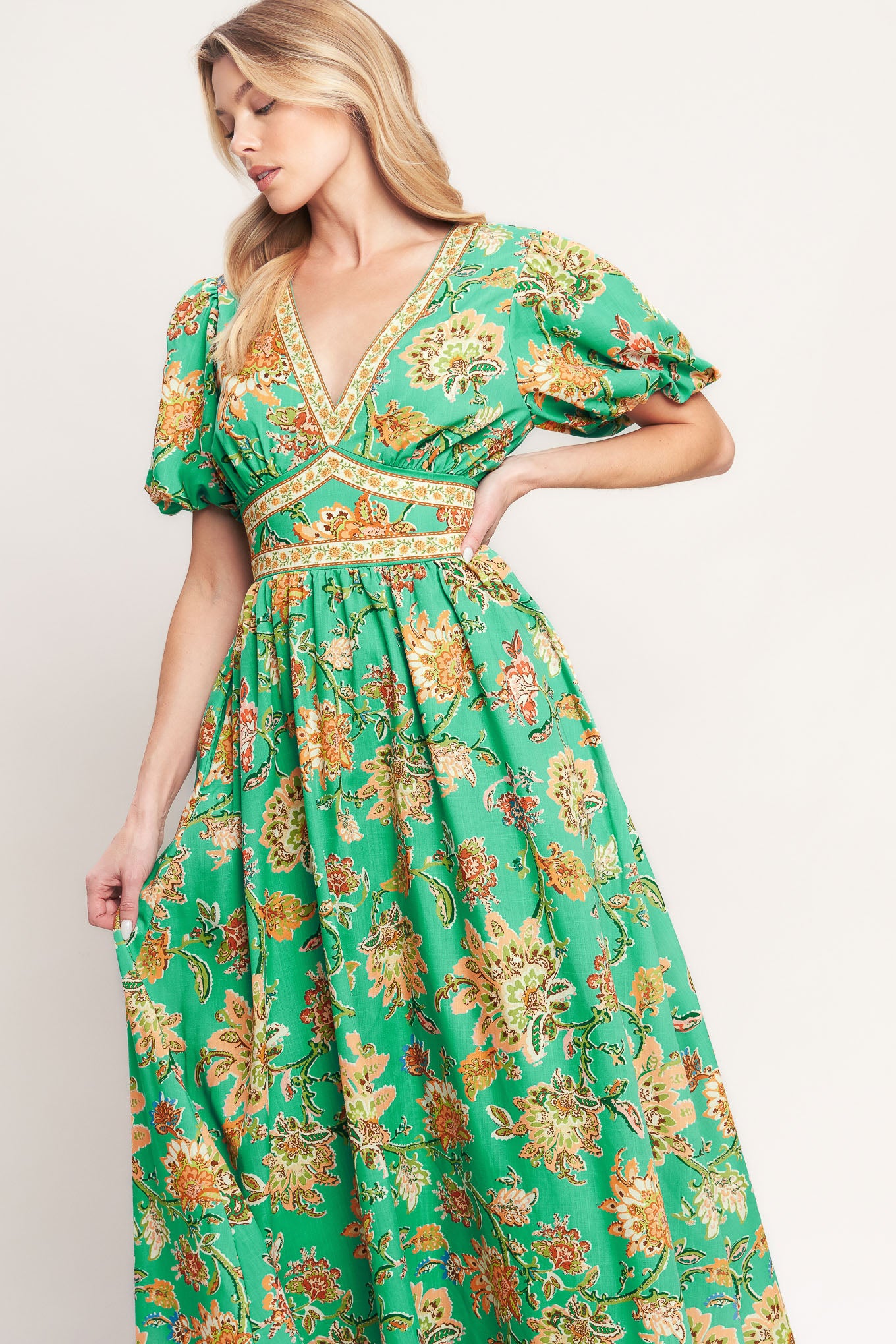 A printed woven midi dress featuring V neckline, short puff sleeve, waist yoke, full skirt and smocked back waistband

Details:

Self: 100% Polyester

Lining: 100% Polyester

Size & Fit

-Model is 5`8" And Wearing Size Small
-Measurements Taken From Size Small
-Approx. Length: 53"