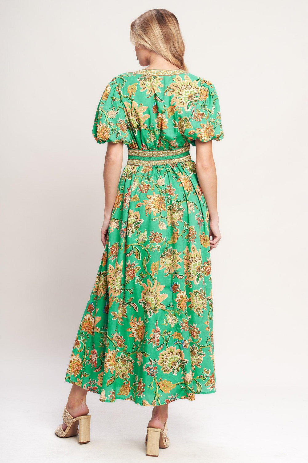 A printed woven midi dress featuring V neckline, short puff sleeve, waist yoke, full skirt and smocked back waistband

Details:

Self: 100% Polyester

Lining: 100% Polyester

Size & Fit

-Model is 5`8" And Wearing Size Small
-Measurements Taken From Size Small
-Approx. Length: 53"