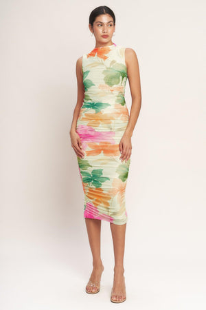 
A printed power mesh midi dress featuring tubular neckline, sleeveless, shirred side, body contouring and back zipper closure

Details:

Self : 95% Polyester 5% Spandex
Lining : 100% Polyester

Size &amp; Fit

- Model is 5`8" And Wearing Size Small
- Measurements Taken From Size Small
- Approx. Length: 51" FLYING TOMATO
