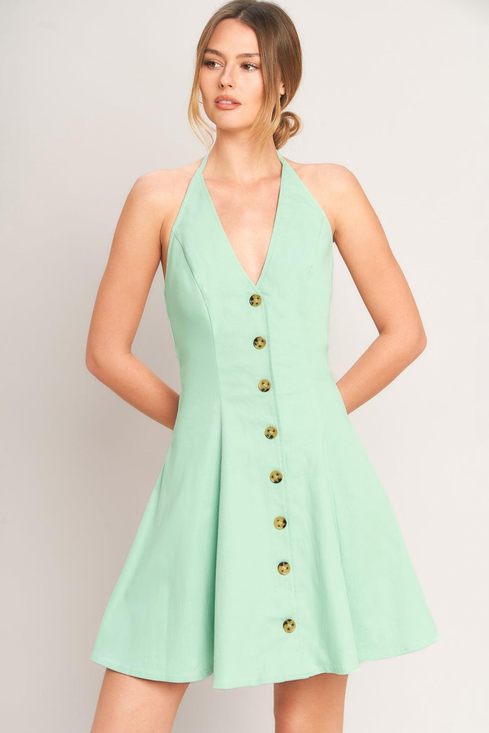 LOVELY CHARM MINT WOVEN MINI DRESS.