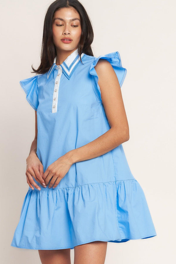 
A solid woven mini dress featuring lace inset collar, button down, ruffle sleeve with lace trim and ruffle hemline

Details:

Self : 100% Cotton
Contrast : 100% Cotton

Size &amp; Fit

- Model is 5`8" And Wearing Size Small
- Measurements Taken From Size Small
- Approx. Length: 35" FLYING TOMAOT