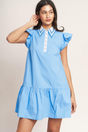 
A solid woven mini dress featuring lace inset collar, button down, ruffle sleeve with lace trim and ruffle hemline

Details:

Self : 100% Cotton
Contrast : 100% Cotton

Size &amp; Fit

- Model is 5`8" And Wearing Size Small
- Measurements Taken From Size Small
- Approx. Length: 35" FLYING TOMAOT