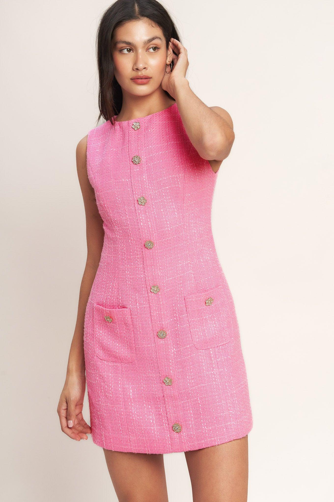 MAIN CHARACTER MOMENT TWEED MINI DRESS l FLYING TOMATO PINK / M
