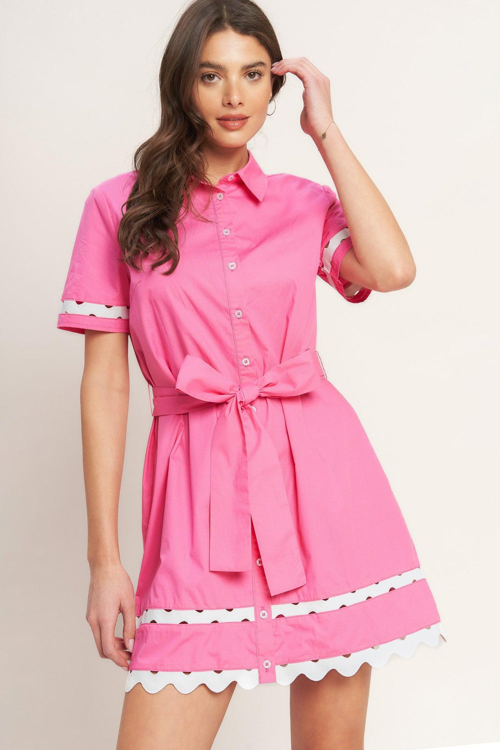 
A solid woven mini dress featuring collar, short sleeve with ric rac ribbon inset, button down closure, self sash tie and lace inset hemline

Details:

Self : 100% Cotton

Size &amp; Fit

- Model is 5`8" And Wearing Size Small
- Measurements Taken From Size Small
- Approx. Length: 36" FLYING TOMATO