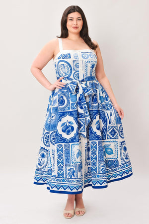 BLUE MAJOLICA CHARM WOVEN MIDI DRESS.