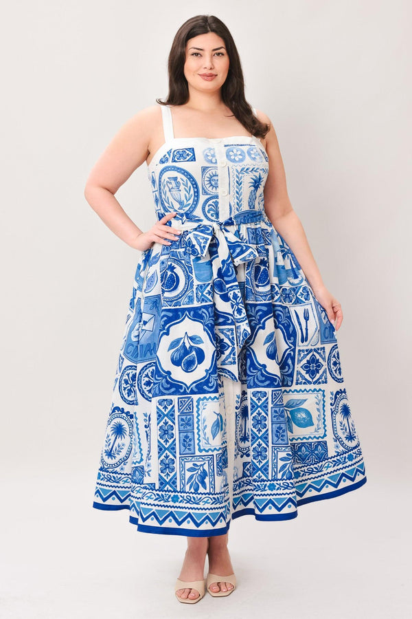BLUE MAJOLICA CHARM WOVEN MIDI DRESS.