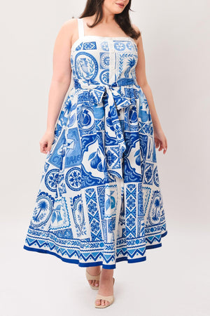 BLUE MAJOLICA CHARM WOVEN MIDI DRESS.