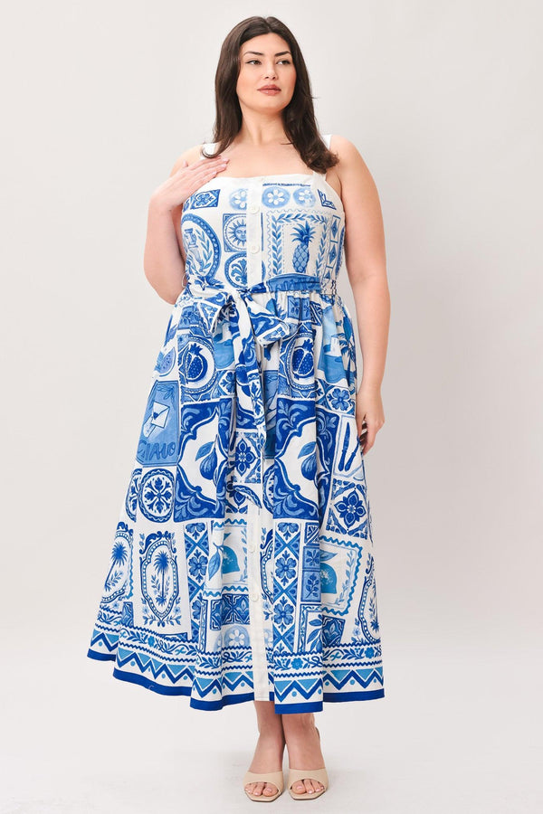 BLUE MAJOLICA CHARM WOVEN MIDI DRESS.