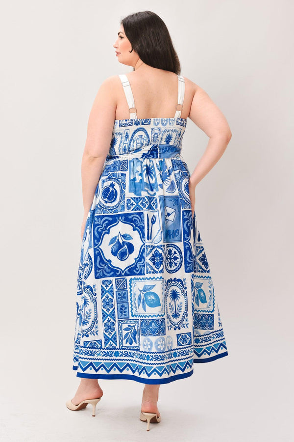 BLUE MAJOLICA CHARM WOVEN MIDI DRESS.