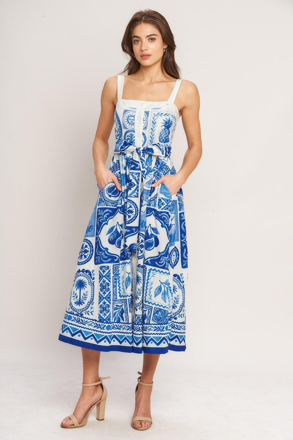 BLUE MAJOLICA CHARM WOVEN MIDI DRESS.