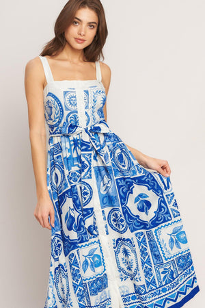 BLUE MAJOLICA CHARM WOVEN MIDI DRESS.