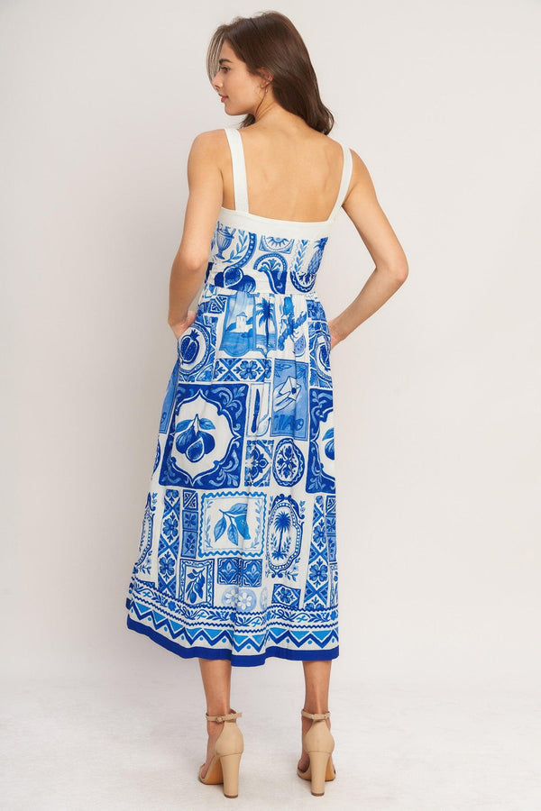 BLUE MAJOLICA CHARM WOVEN MIDI DRESS.