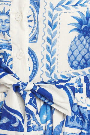 BLUE MAJOLICA CHARM WOVEN MIDI DRESS.