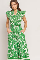 BLOOM ENERGY WOVEN MIDI DRESS.