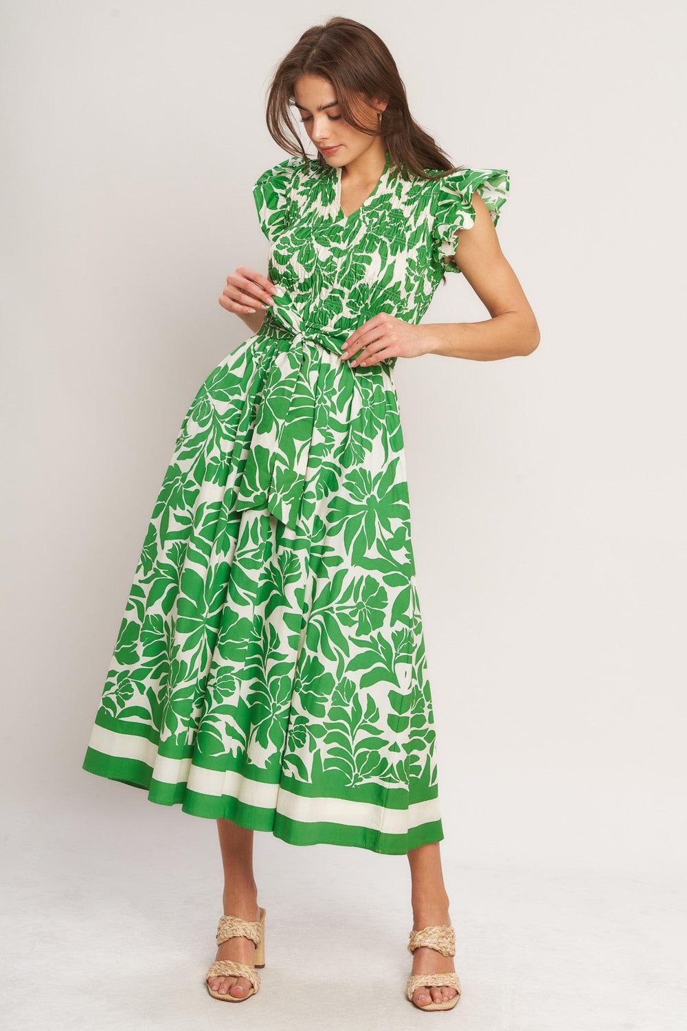 BLOOM ENERGY WOVEN MIDI DRESS.
