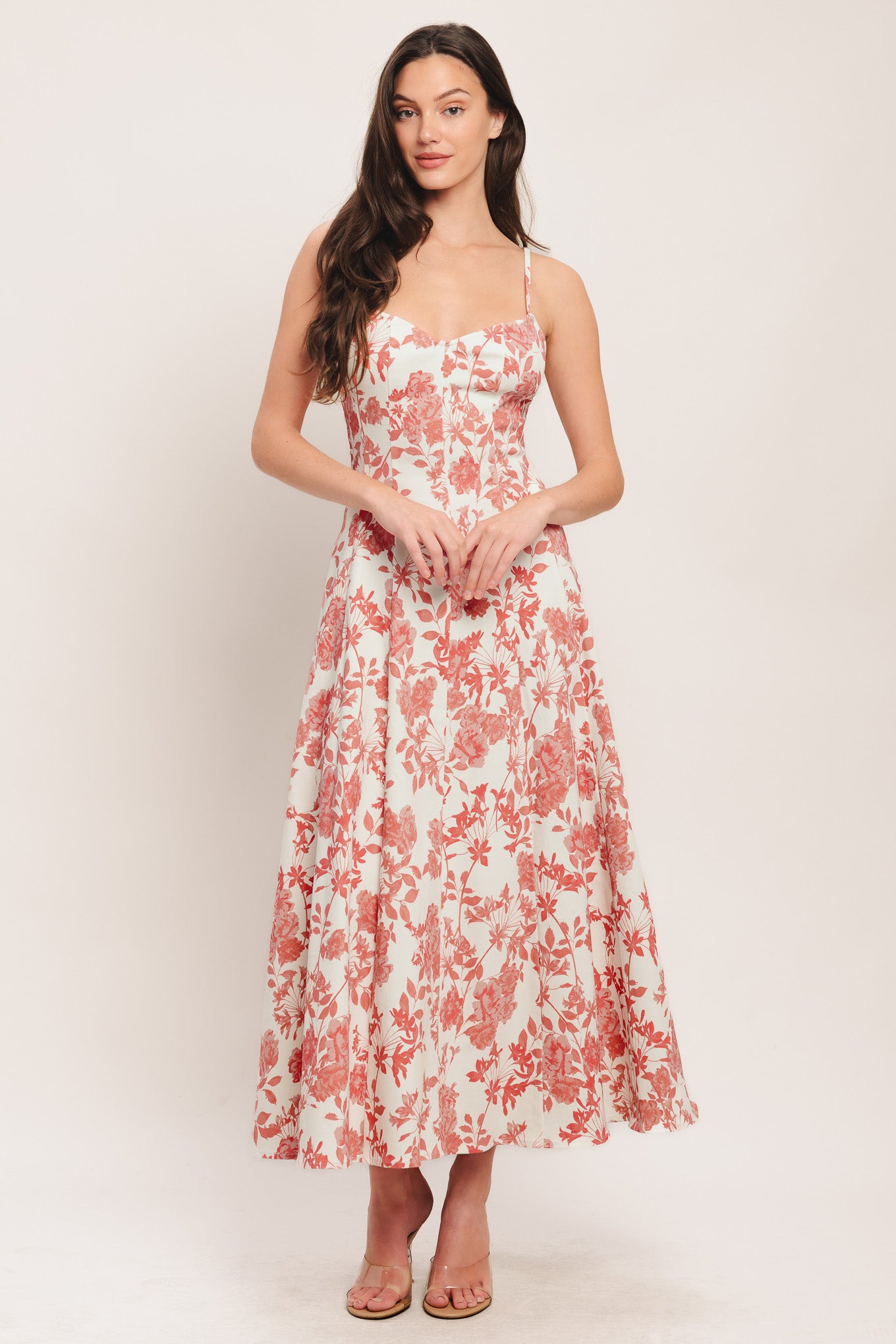 A printed woven midi dress featuring cami top, circle skirt and back zipper closure

Details:

Self: 97% Cotton 3% Spandex

Size & Fit

-Model is 5`8" And Wearing Size Small
-Measurements Taken From Size Small
-Approx. Length: 52"