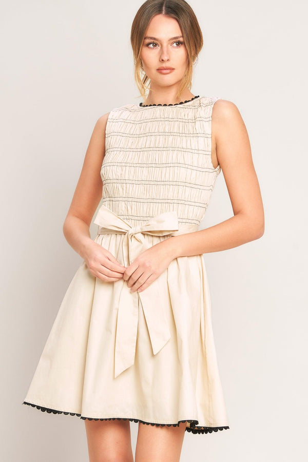 LOVELY ESCAPE WOVEN MINI DRESS.