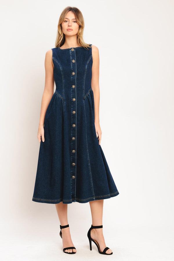 A denim midi dress featuring round neckline, sleeveless, front button down and circle skirt

Details:

Self: 55% Cotton 33% Polyester 10% Viscose 2% Spandex

Size & Fit

-Model is 5`8" And Wearing Size Small
-Measurements Taken From Size Small
-Approx. Length: 48"