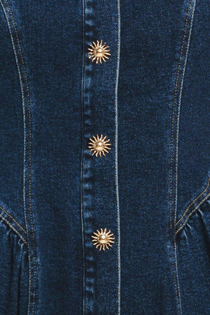 A denim midi dress featuring round neckline, sleeveless, front button down and circle skirt

Details:

Self: 55% Cotton 33% Polyester 10% Viscose 2% Spandex

Size & Fit

-Model is 5`8" And Wearing Size Small
-Measurements Taken From Size Small
-Approx. Length: 48"