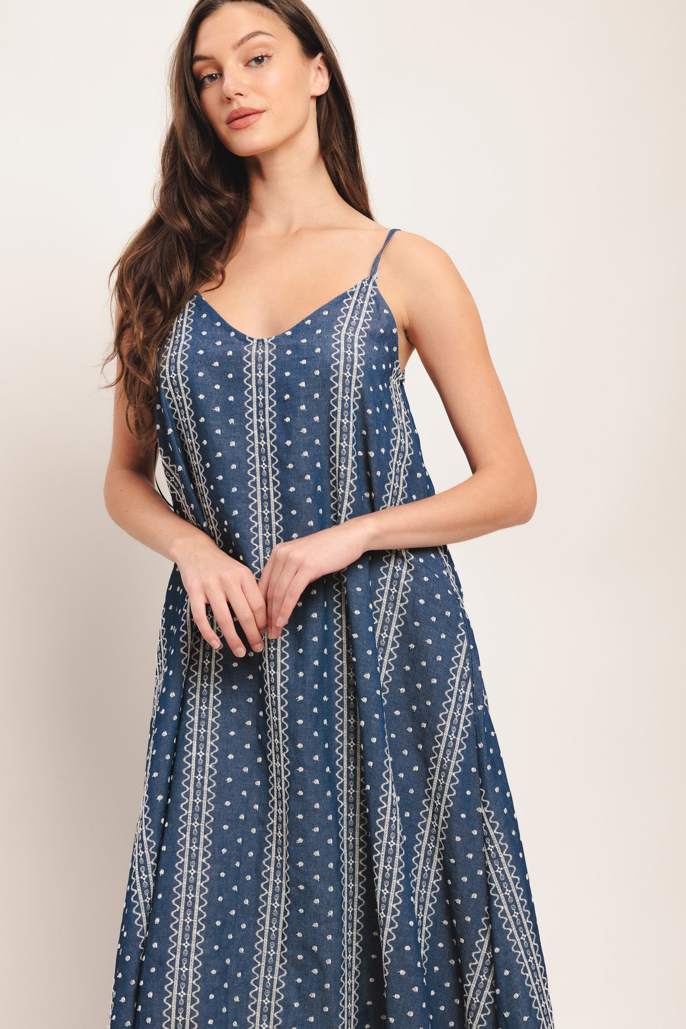 An embroidered woven midi dress featuring V neckline, straps and back tassel tie detail

Details:

Self: 65% Cotton 35% Polyester

Contrast: 65% Cotton 35% Polyester Exclusive of Decoration

Size & Fit

-Model is 5`8" And Wearing Size Small
-Measurements Taken From Size Small
-Approx. Length: 52"